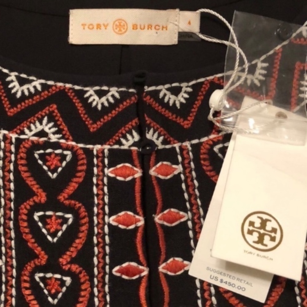 Tory Burch Bristol Silk Embroidered Embellished Black Dress Size 4 - Picture 8 of 9